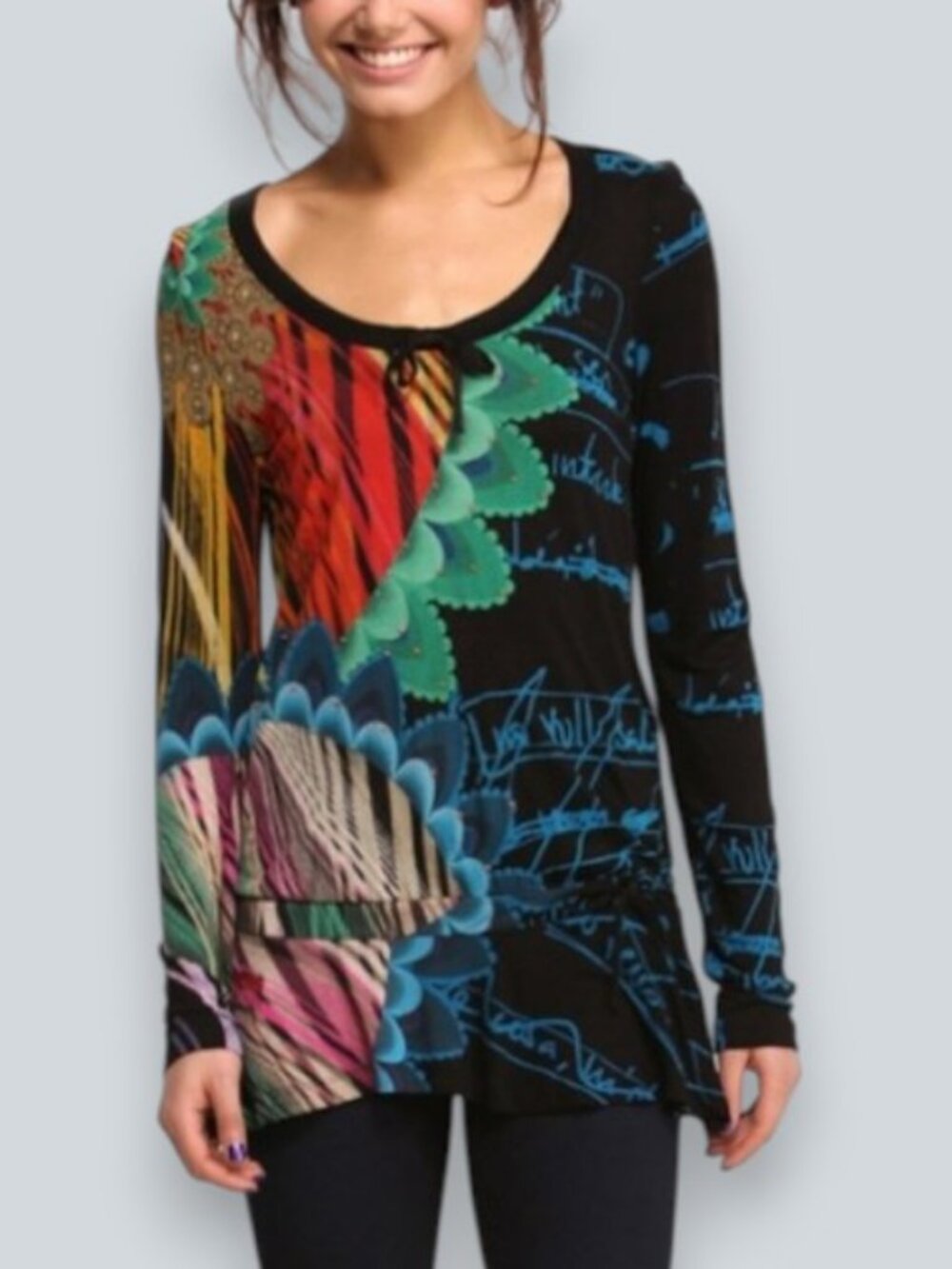 Desigual graphic print beaded long sleeve tunic black women's size 6